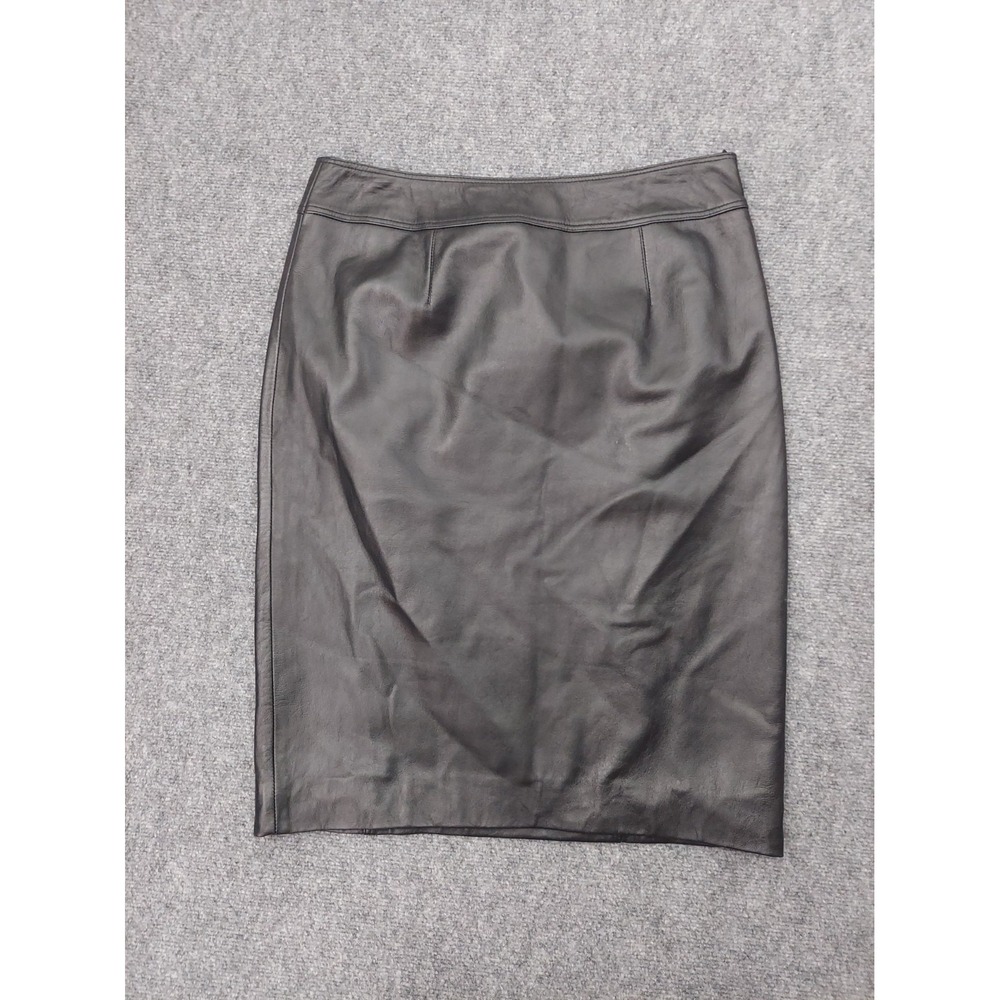 Etcetera Leather Skirt womens 10 Black Pencil Side Zip Knee Length Lined Career